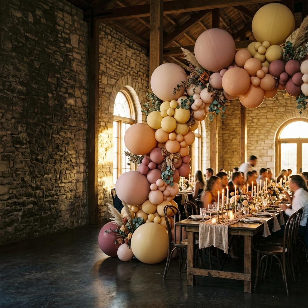 Conceptual balloon decor at a warm, elegant event